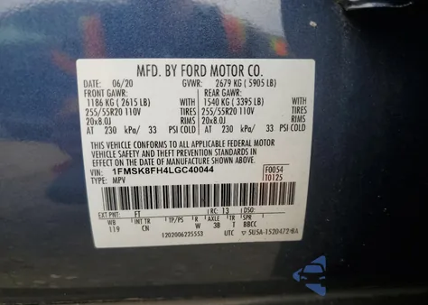 2020 Ford Explorer Limited z USA, uszkodzony, nr VIN 1FMSK8FH4LGC40044